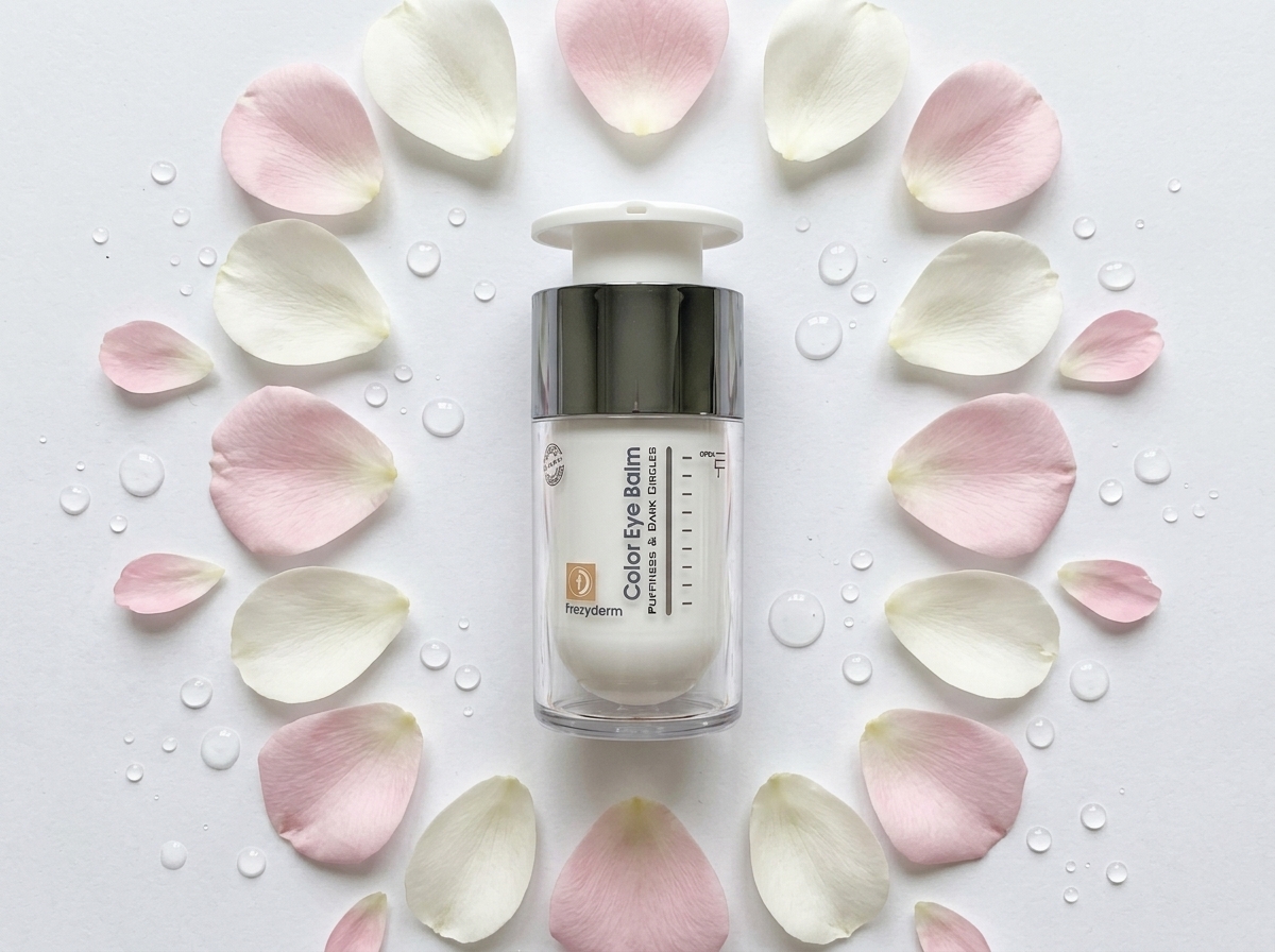 EYE BALM 15 ml Frezyderm junto a pétalos suaves y gotas de agua