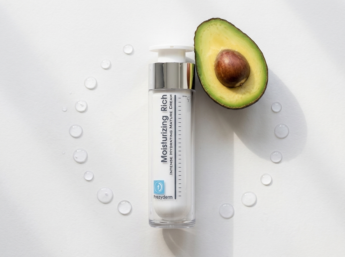 MOISTURIZING RICH 50 ml Frezyderm junto a media palta y gotas de agua