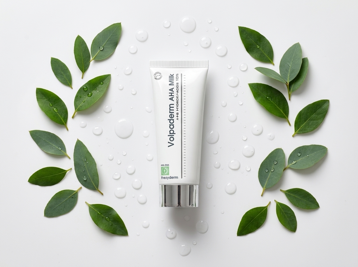 VOLPADERM AHA CREAM 200 ml Frezyderm junto a hojas verdes y gotas de agua