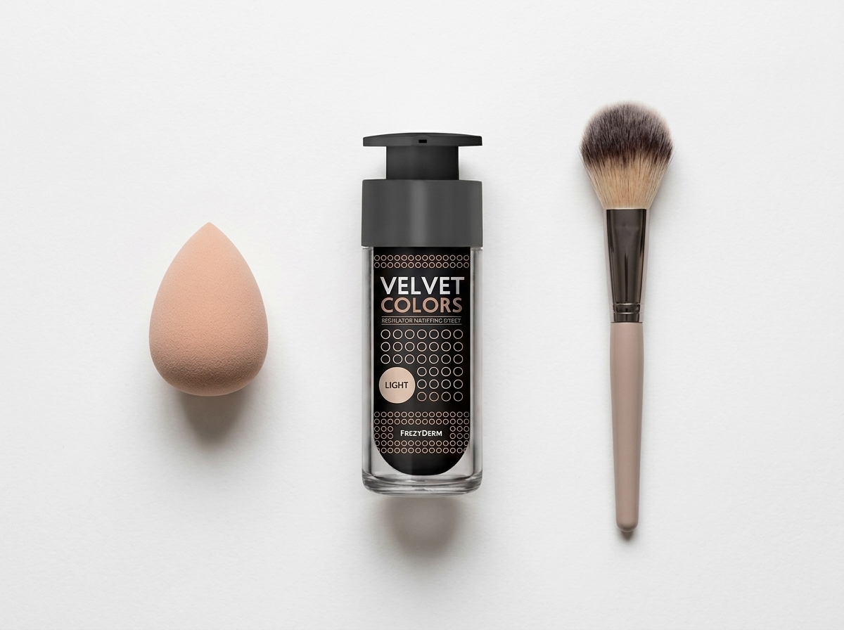 VELVET COLORS LIGHT 30 ml Frezyderm junto a una esponja de maquillaje y una brocha suave