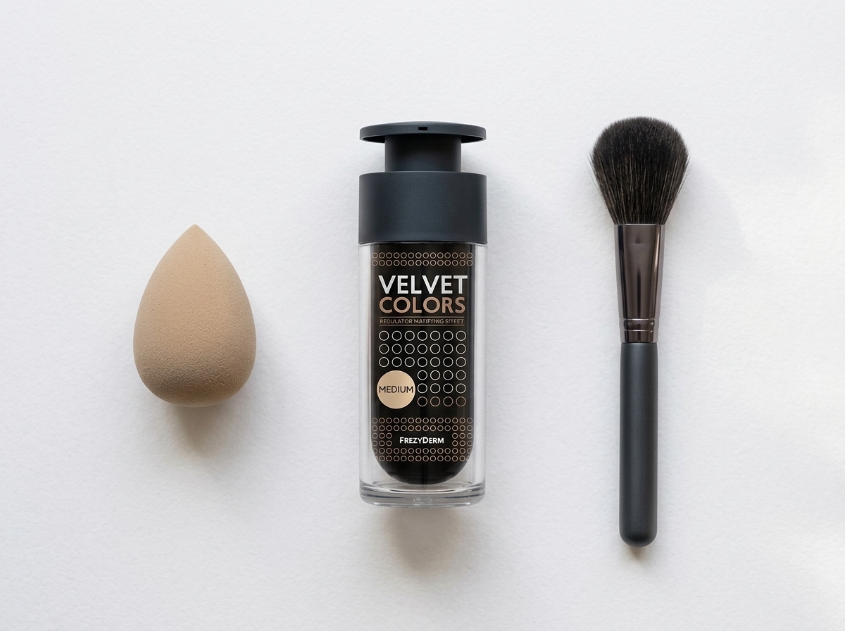 VELVET COLORS MEDIUM 30 ml Frezyderm junto a una esponja de maquillaje y una brocha suave