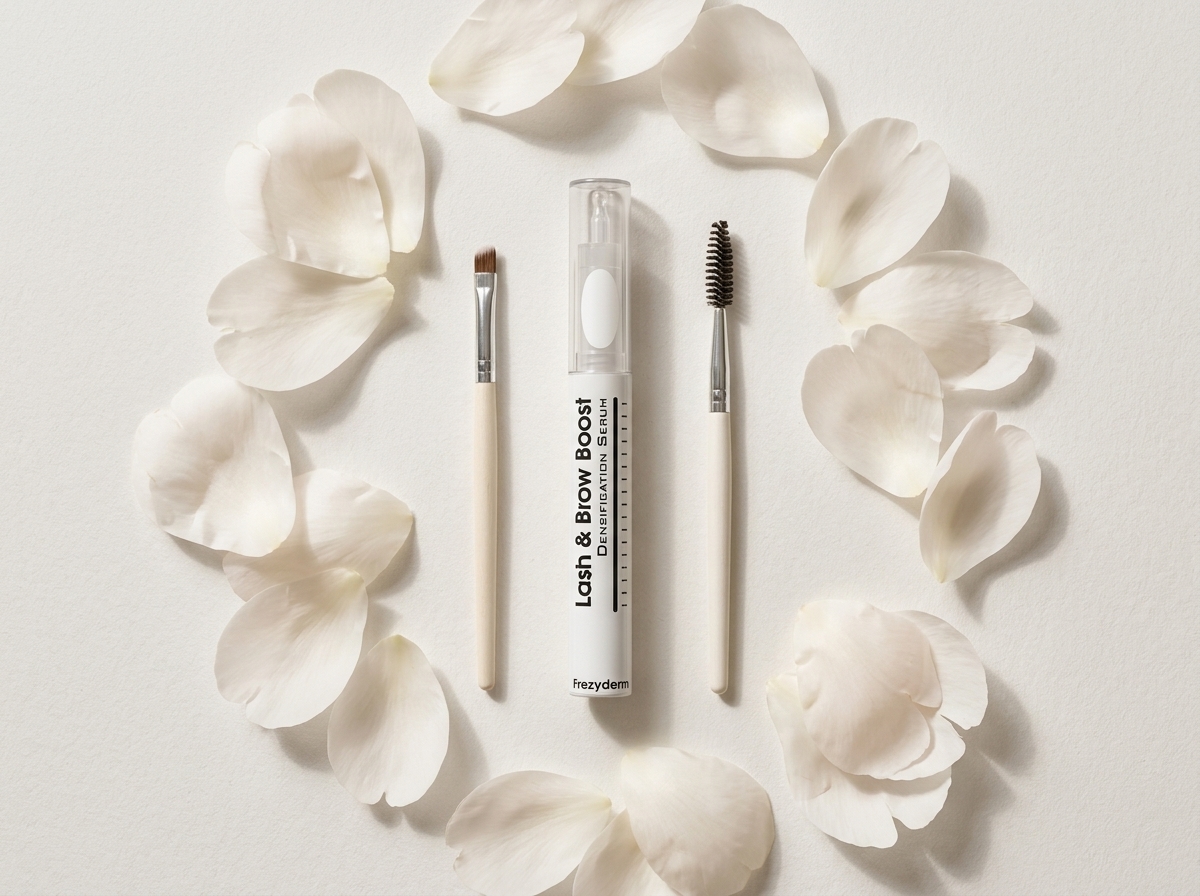LASH & BROW BOOST 10 ml Frezyderm junto a pétalos blancos y una brocha limpia