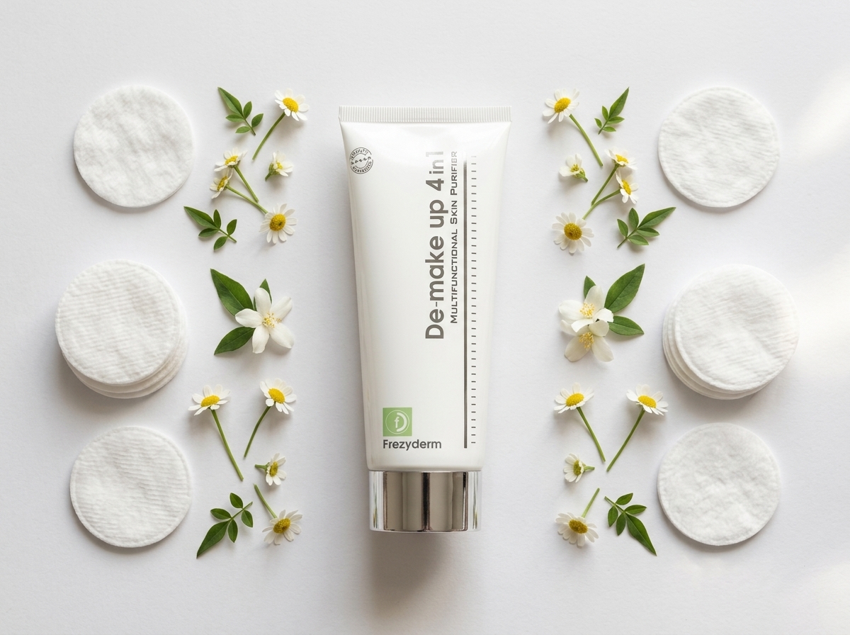 DE-MAKE UP 4 IN 1 200 ml Frezyderm junto a discos de algodón y flores blancas