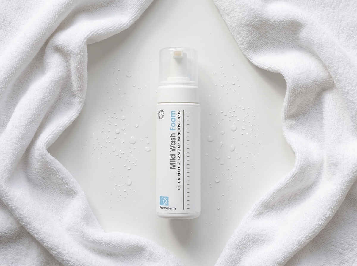 MILD WASH FOAM 150 ml Frezyderm junto a gotas de agua y una toalla blanca