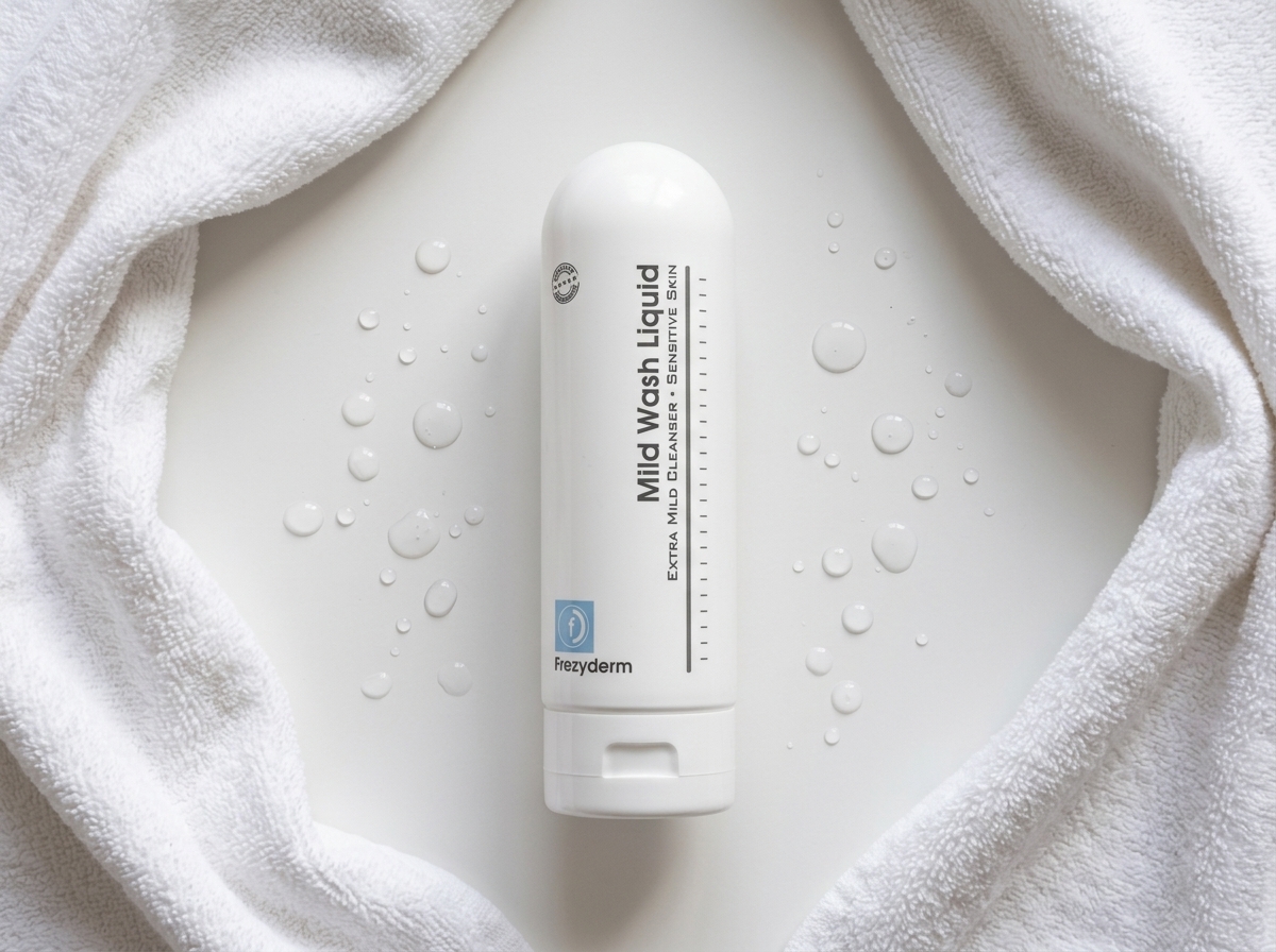 MILD WASH LIQUID 200 ml Frezyderm junto a gotas de agua y una toalla blanca