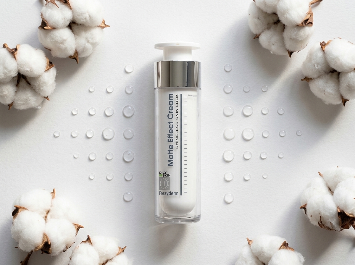 MATTE EFFECT 50 ml Frezyderm junto a una cápsula de algodón y gotas de agua