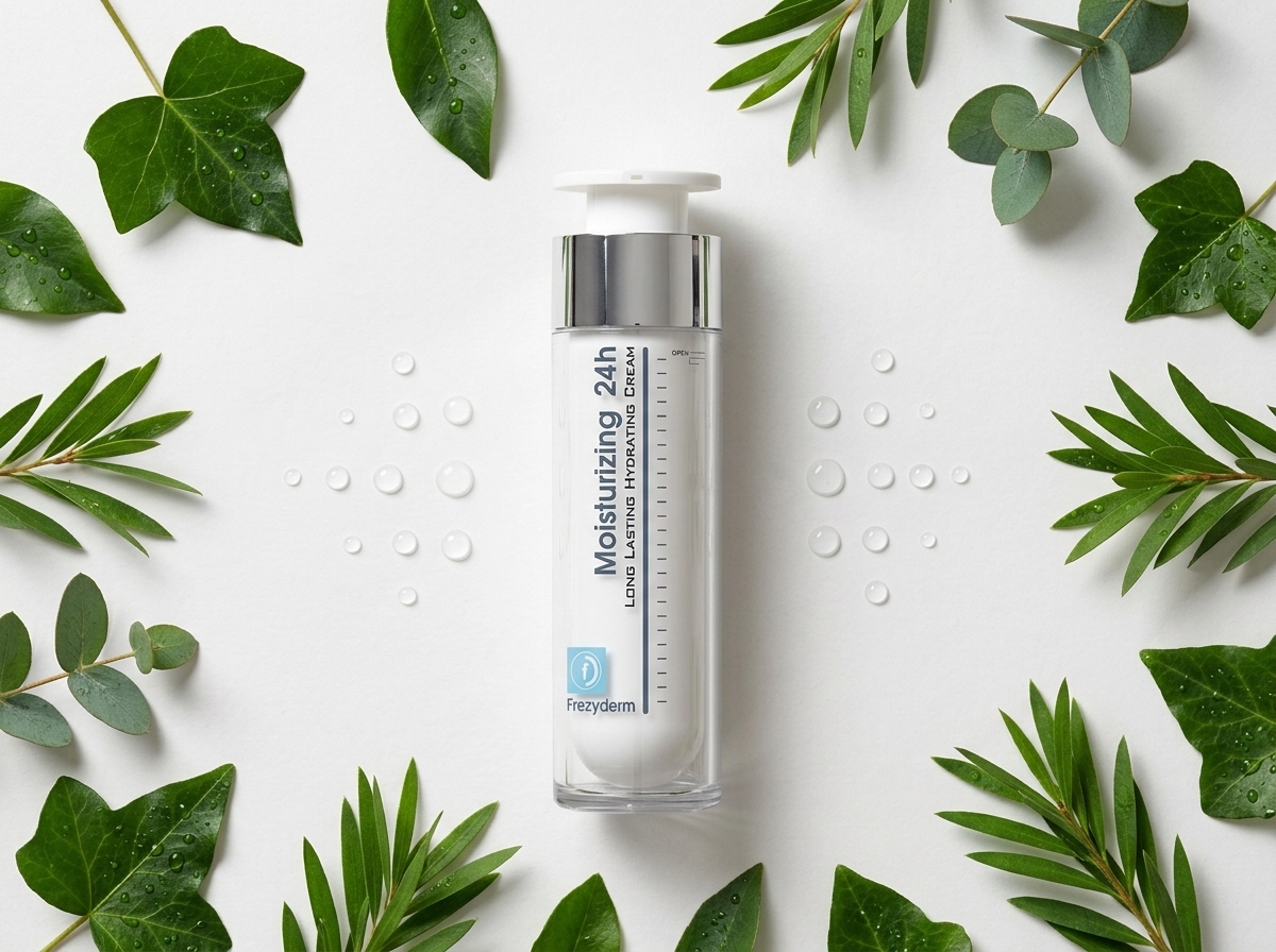 MOISTURIZING 24H 50 ml Frezyderm junto a hojas verdes y gotas de agua
