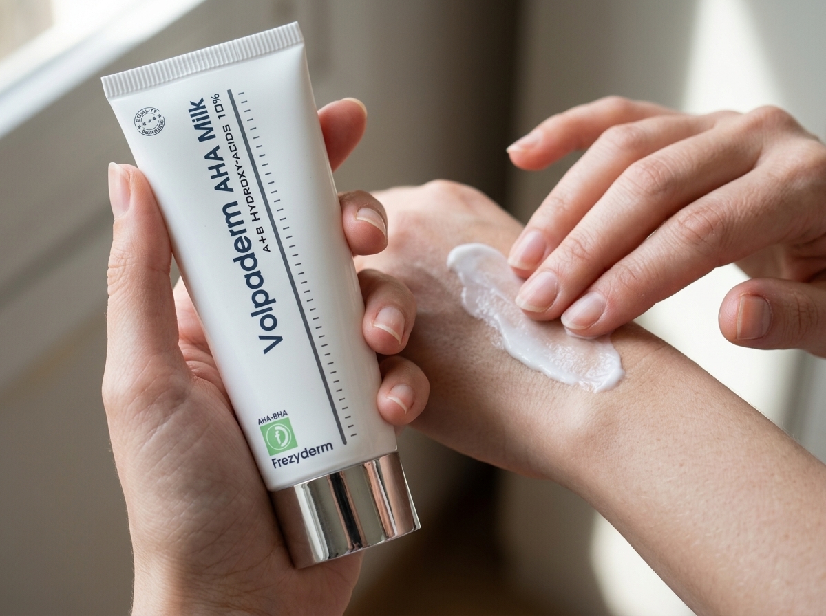 Antebrazo con una muestra de la crema VOLPADERM AHA Frezyderm