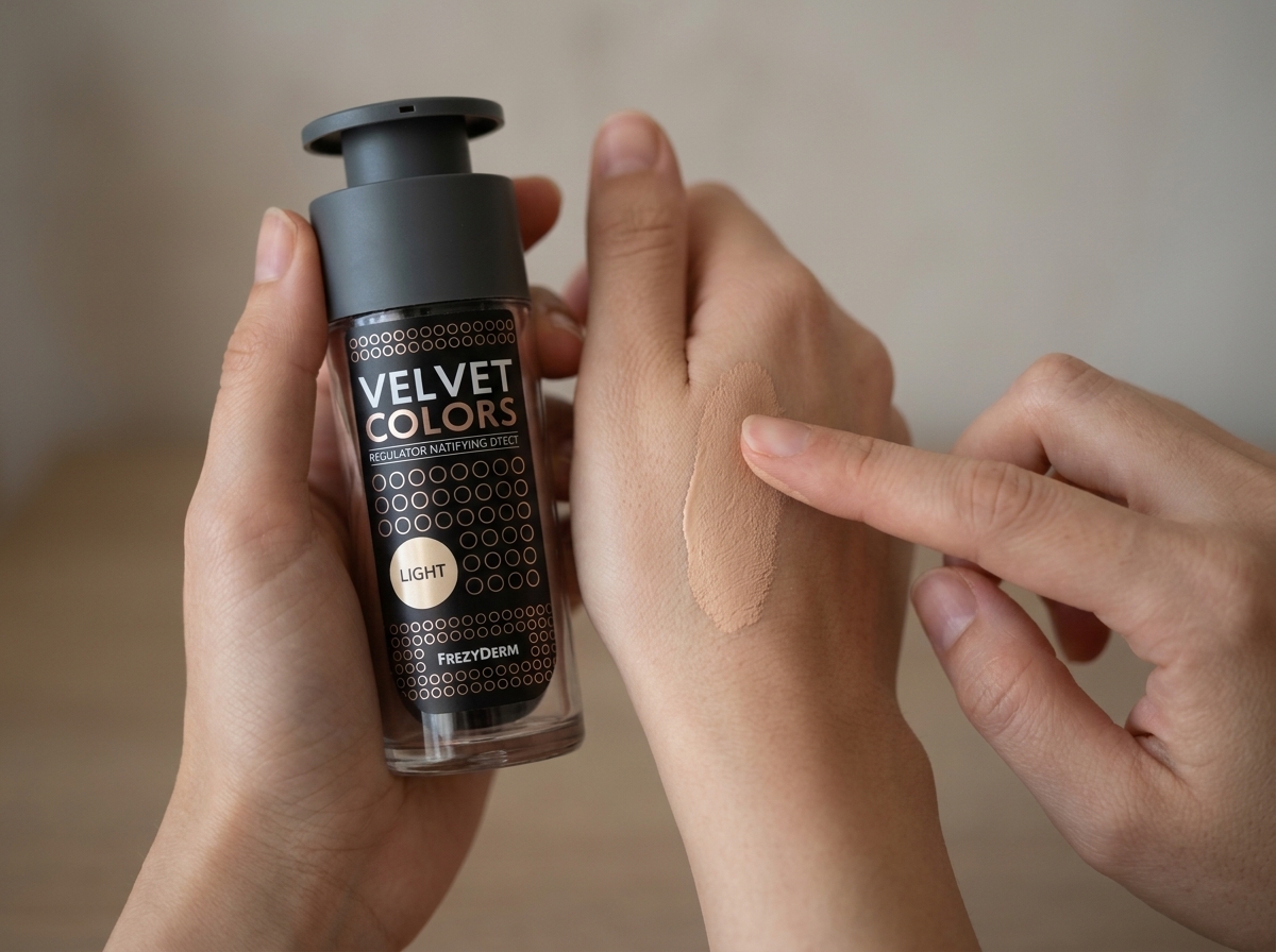 Dorso de la mano con una muestra del tono de VELVET COLORS LIGHT Frezyderm