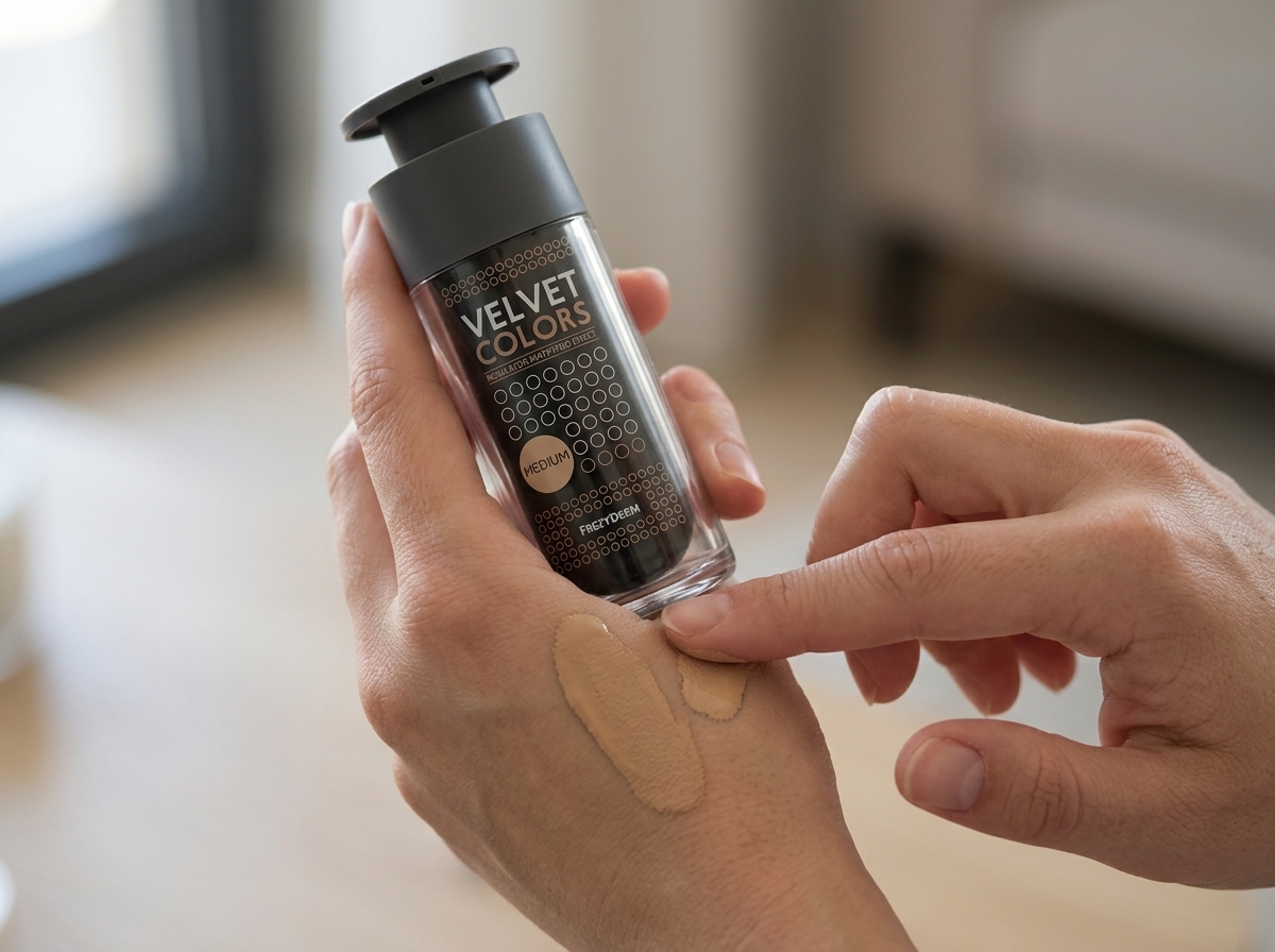 Dorso de la mano con una muestra del tono de VELVET COLORS MEDIUM Frezyderm