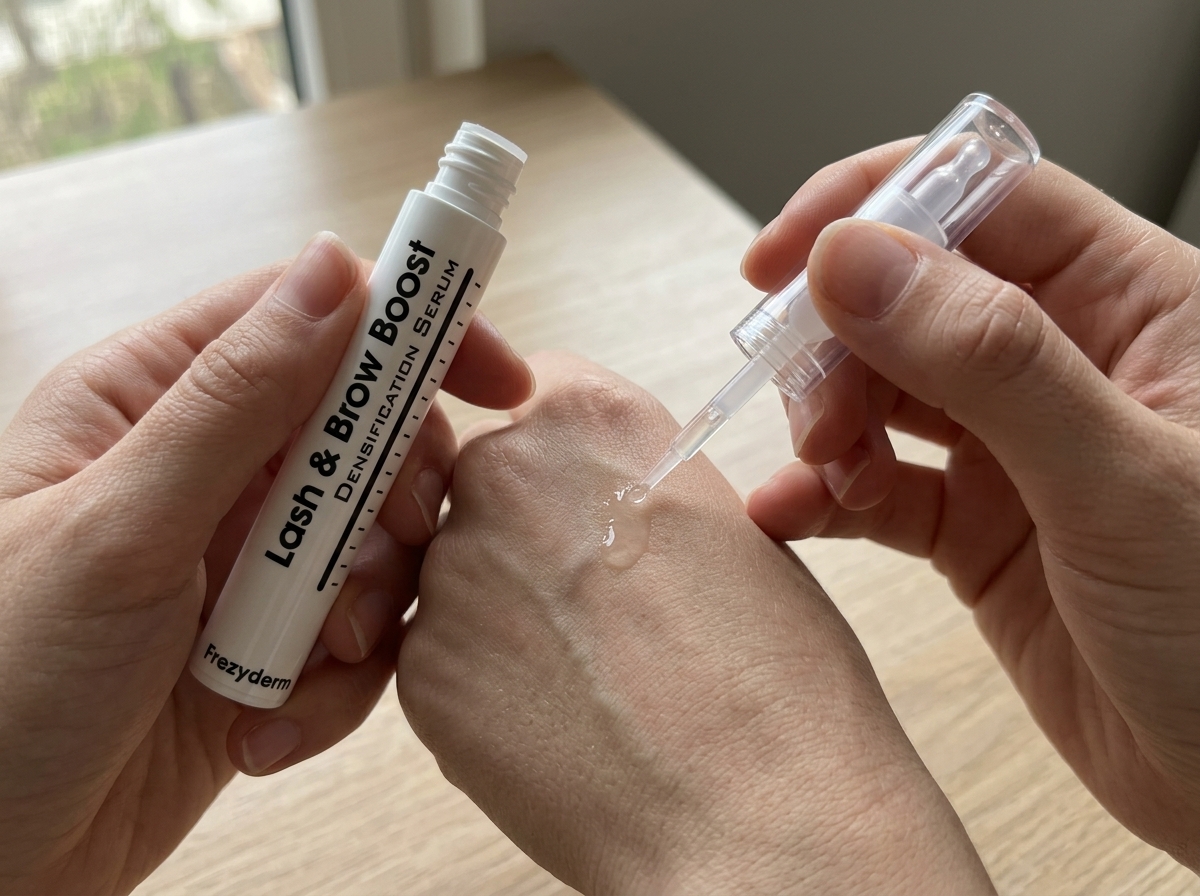 Raíz de una ceja con una muestra de LASH & BROW BOOST Frezyderm