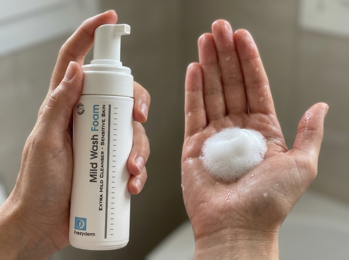 Manos mojadas sosteniendo espuma de MILD WASH FOAM Frezyderm