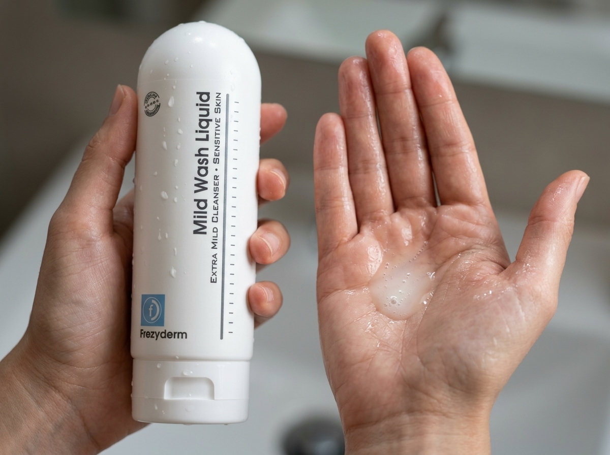 Manos mojadas con una pequeña cantidad de MILD WASH LIQUID Frezyderm