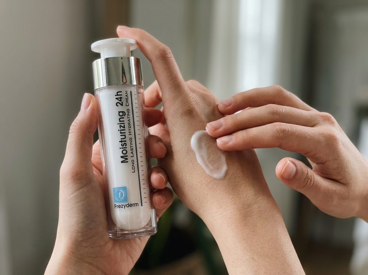 Dorso de la mano con una muestra de la crema MOISTURIZING 24H Frezyderm
