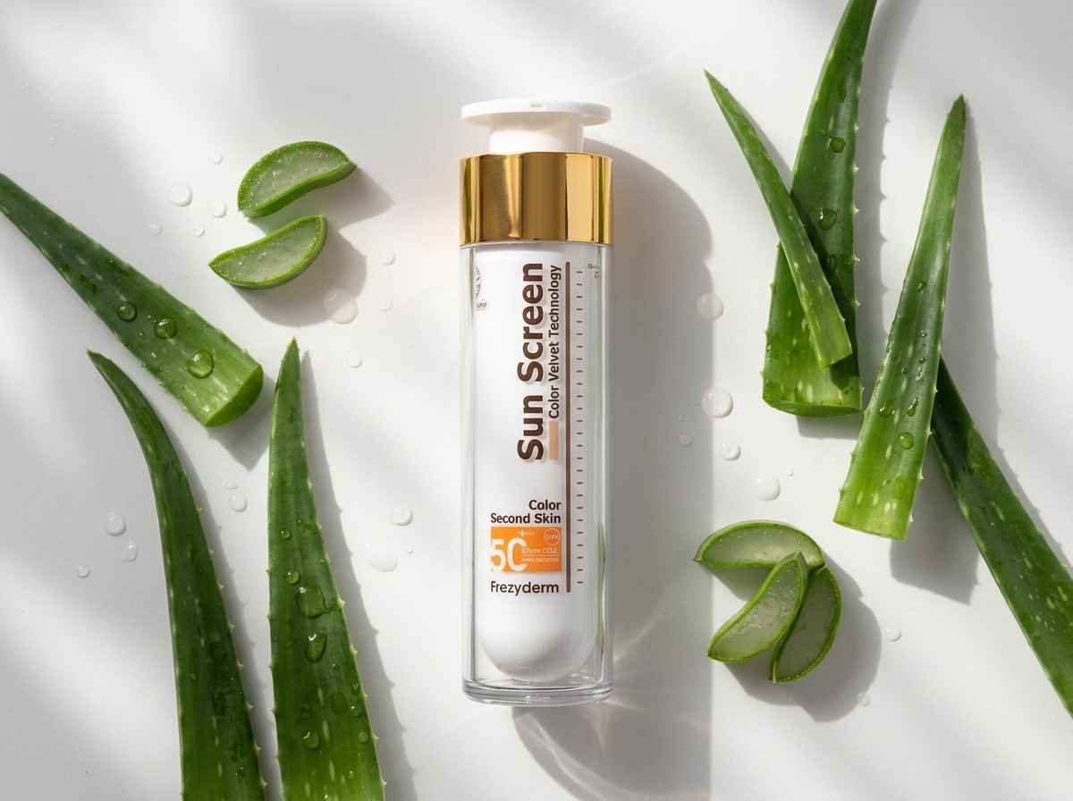 VELVET FACE COLOR SPF 50+ 50 ml Frezyderm junto a hojas de aloe