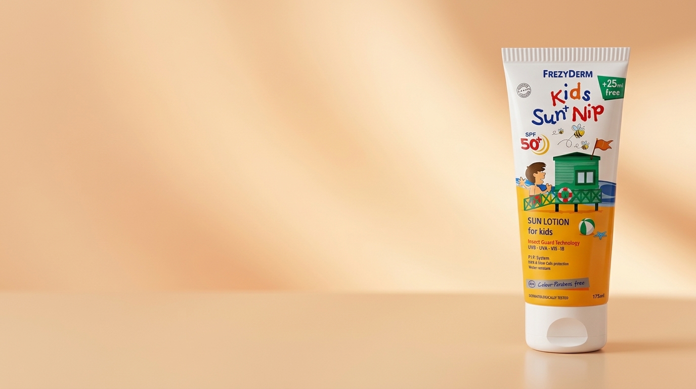 Banner de KIDS SUN + NIP SPF 50+ 175 ml Frezyderm, loción solar para niños