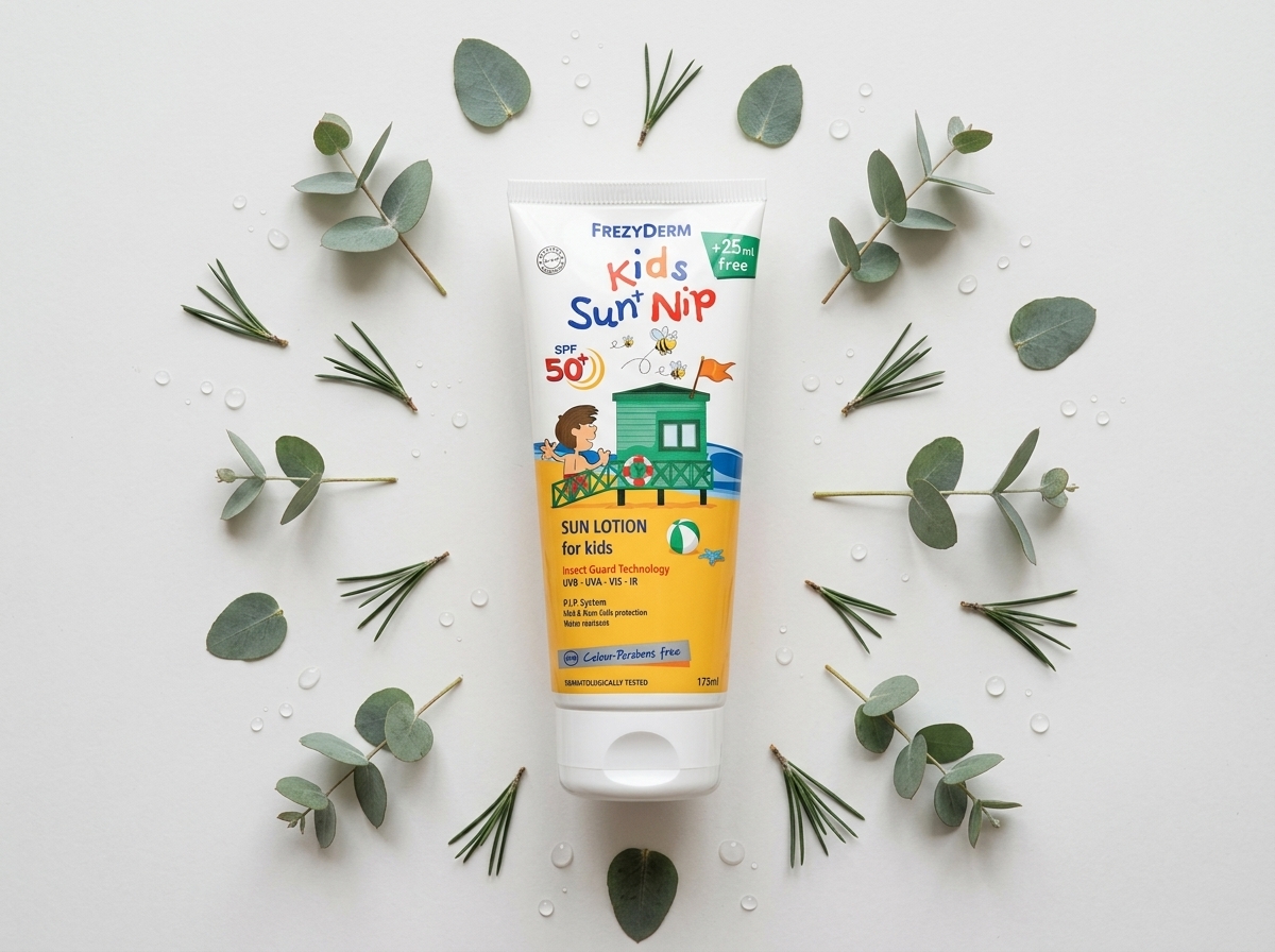 KIDS SUN + NIP SPF 50+ 175 ml Frezyderm junto a hojas de eucalipto y pino