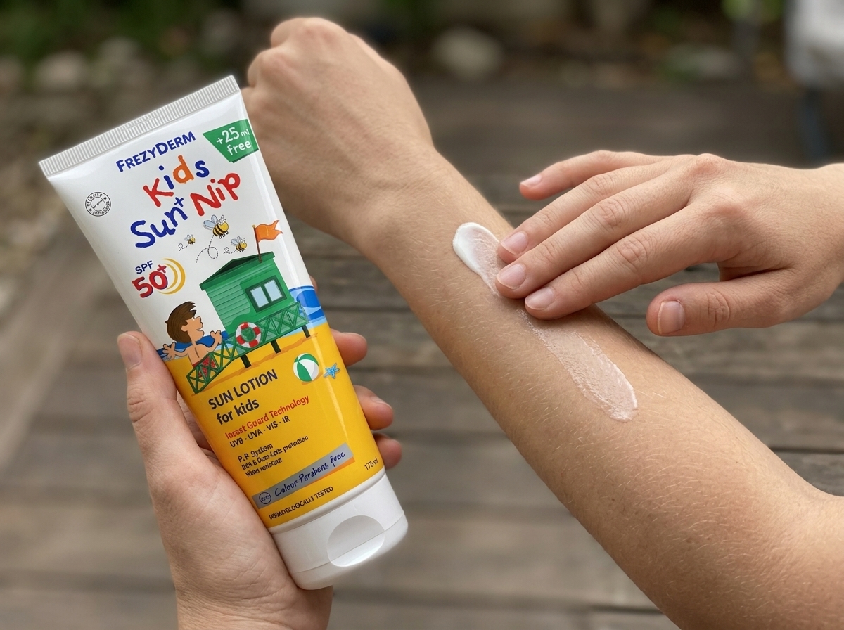 Aplicación de KIDS SUN + NIP SPF 50+ Frezyderm sobre el antebrazo