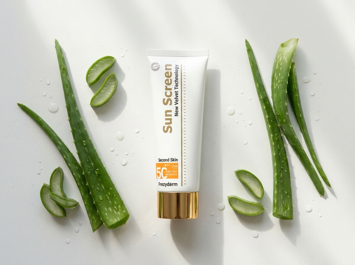 VELVET BODY LOTION SPF 50+ 125 ml Frezyderm junto a hojas de aloe