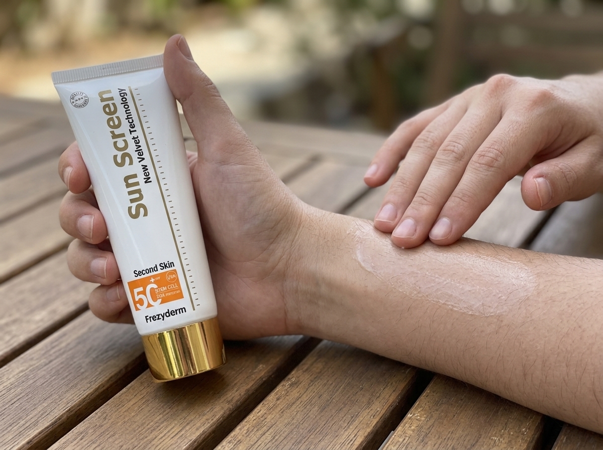 Aplicación de VELVET BODY LOTION SPF 50+ Frezyderm sobre el antebrazo