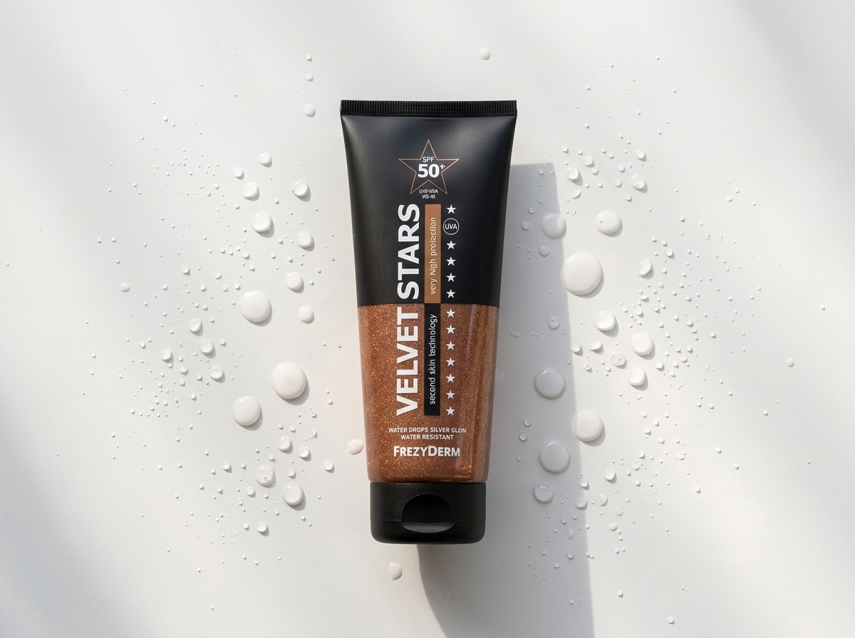 VELVET STARS SUN SCREEN SPF 50+ 175 ml Frezyderm junto a hojas de aloe