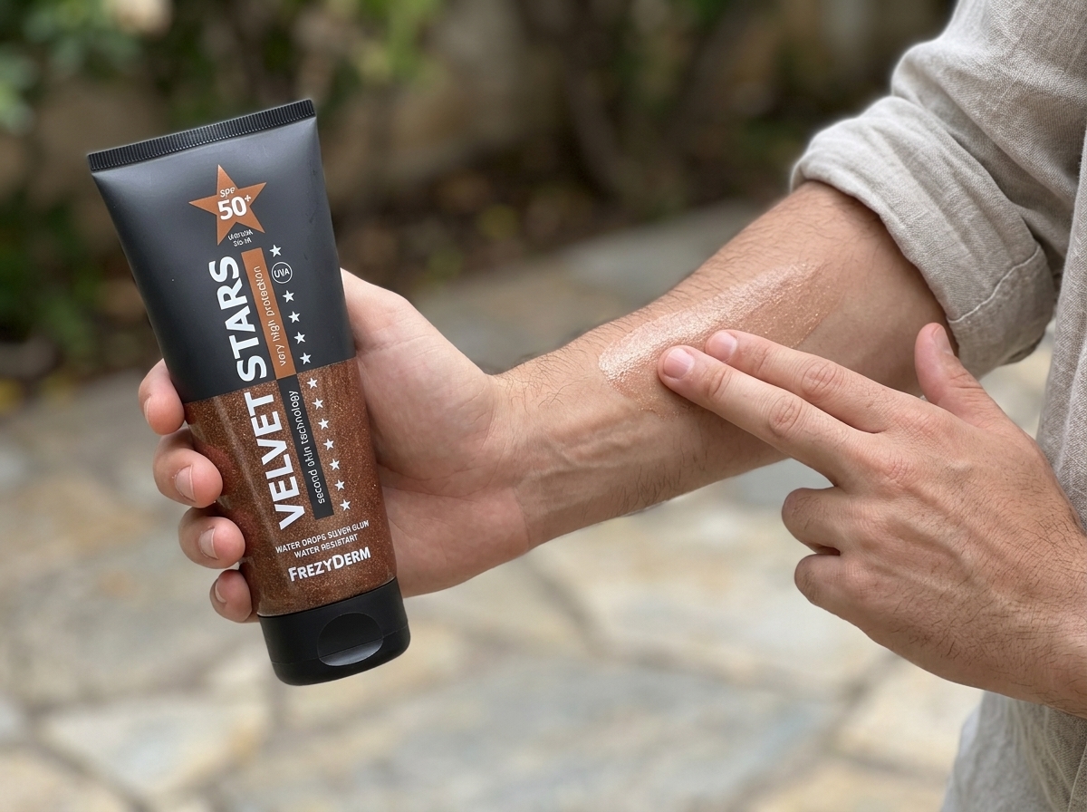 Aplicación de VELVET STARS SUN SCREEN SPF 50+ Frezyderm sobre el antebrazo