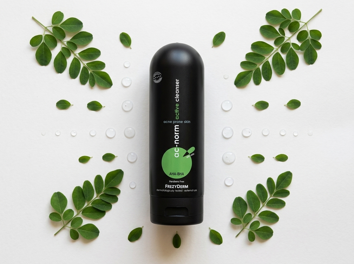 ACNORM ACTIVE CLEANSER 200 ml Frezyderm junto a hojas de moringa y gotas de agua