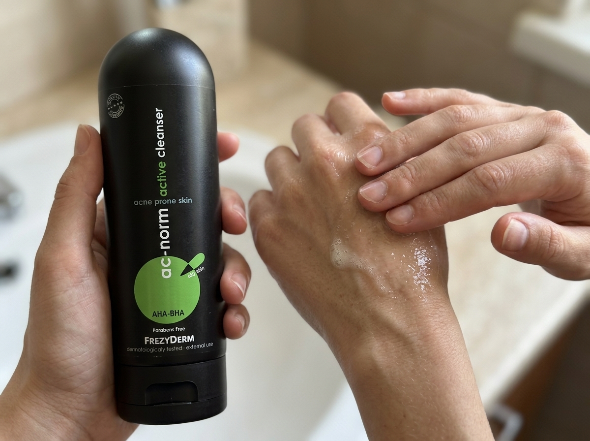 Manos mojadas con una pequeña cantidad de ACNORM ACTIVE CLEANSER Frezyderm