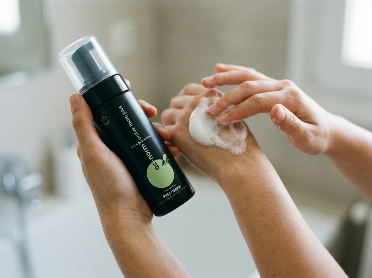 Manos mojadas sosteniendo espuma de ACNORM ACTIVE FOAM PLUS Frezyderm