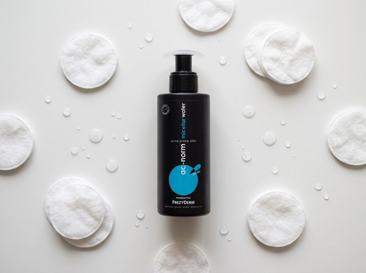 ACNORM MICELLAR WATER 200 ml Frezyderm junto a discos de algodón y gotas de agua