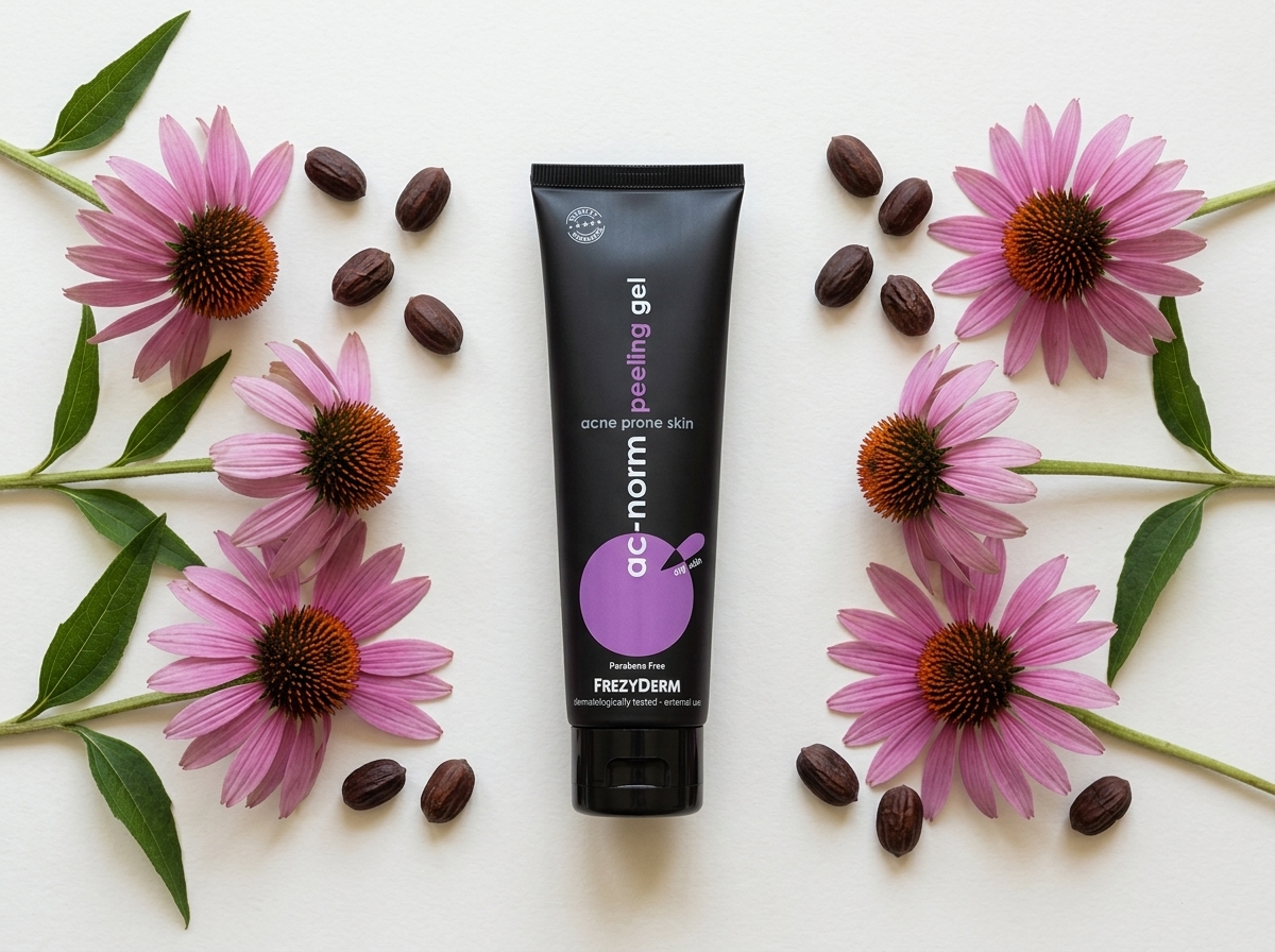 ACNORM PEELING GEL 50 ml Frezyderm junto a semillas de jojoba y una flor de equinácea