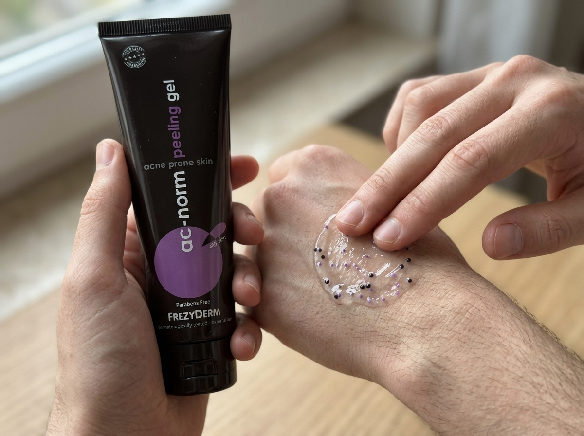 Palma de la mano con una pequeña cantidad de ACNORM PEELING GEL Frezyderm