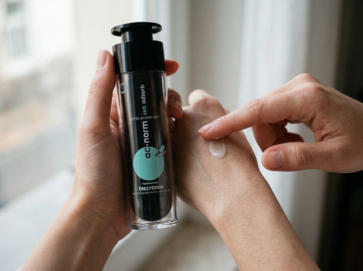 Dorso de la mano con una pequeña muestra de ACNORM SEB ADSORB Frezyderm