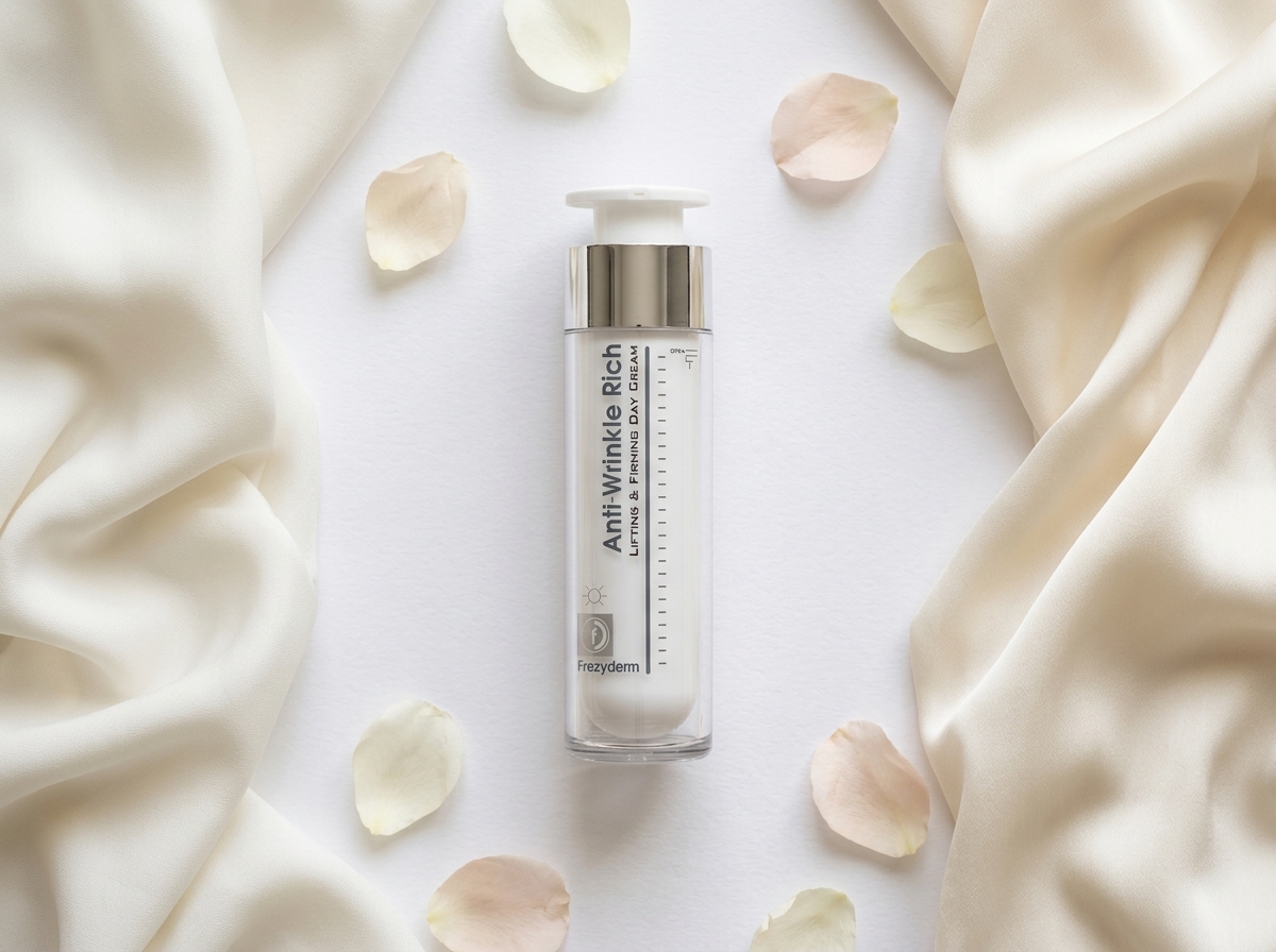 ANTIWRINKLE RICH DAY 50 ml Frezyderm junto a pétalos y tela de seda
