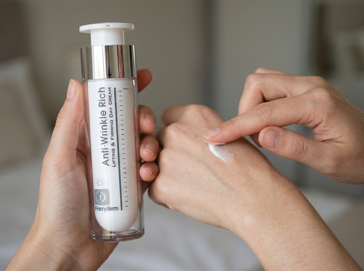 Dorso de la mano con una muestra de crema ANTIWRINKLE RICH DAY Frezyderm