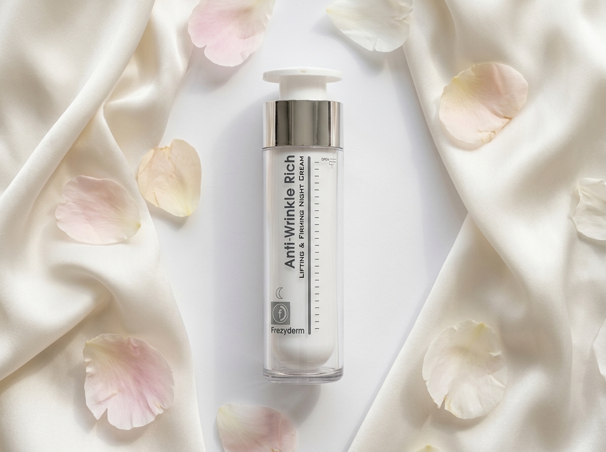 ANTIWRINKLE RICH NIGHT 50 ml Frezyderm junto a pétalos y tela de seda