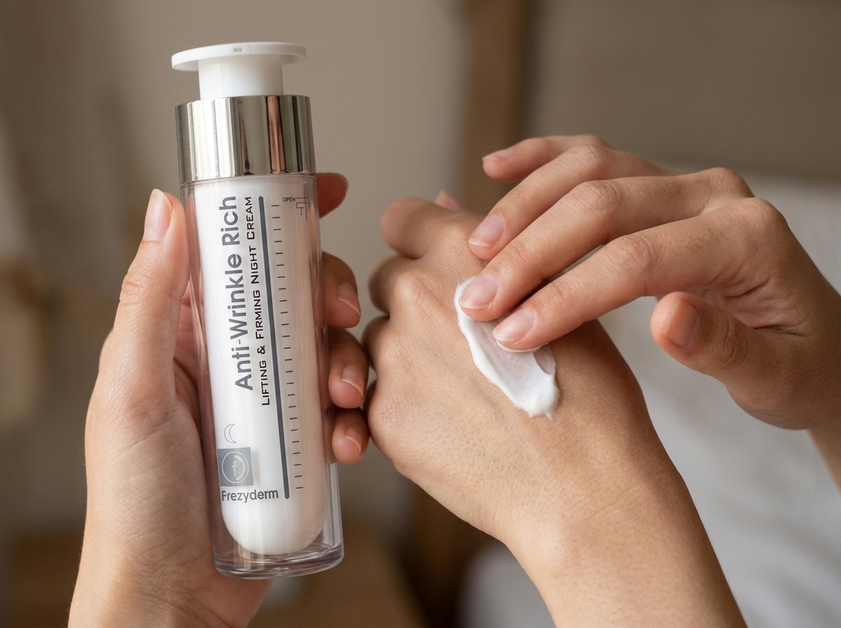 Dorso de la mano con una muestra de crema ANTIWRINKLE RICH NIGHT Frezyderm