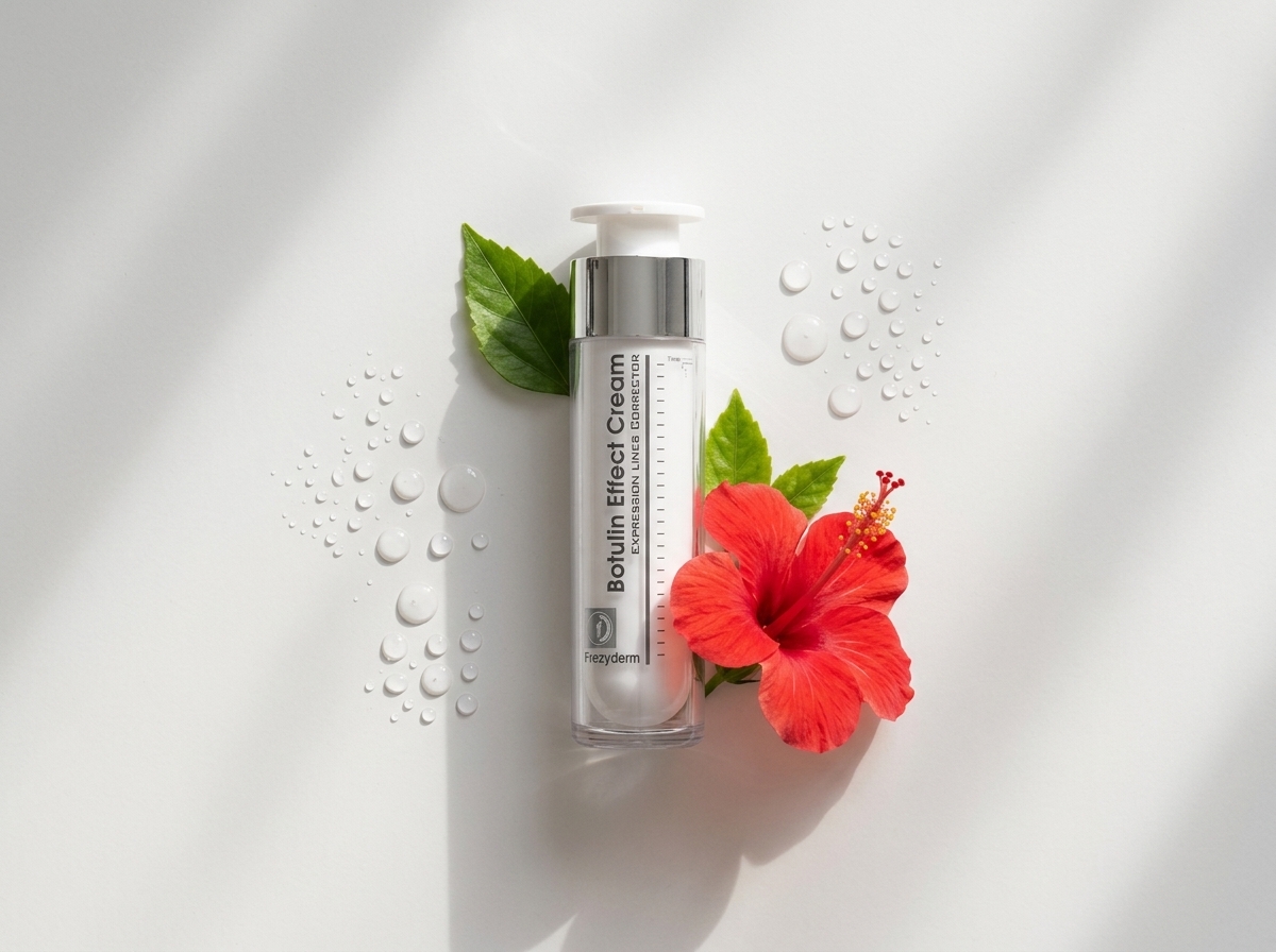 BOTULIN EFFECT 50 ml Frezyderm junto a una flor de hibisco y gotas de agua