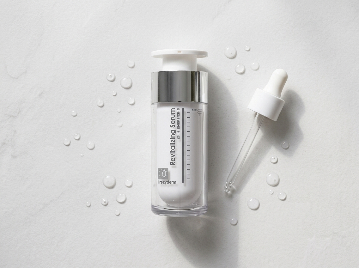 REVITALIZING SERUM 30 ml Frezyderm junto a un gotero de vidrio y gotas de agua