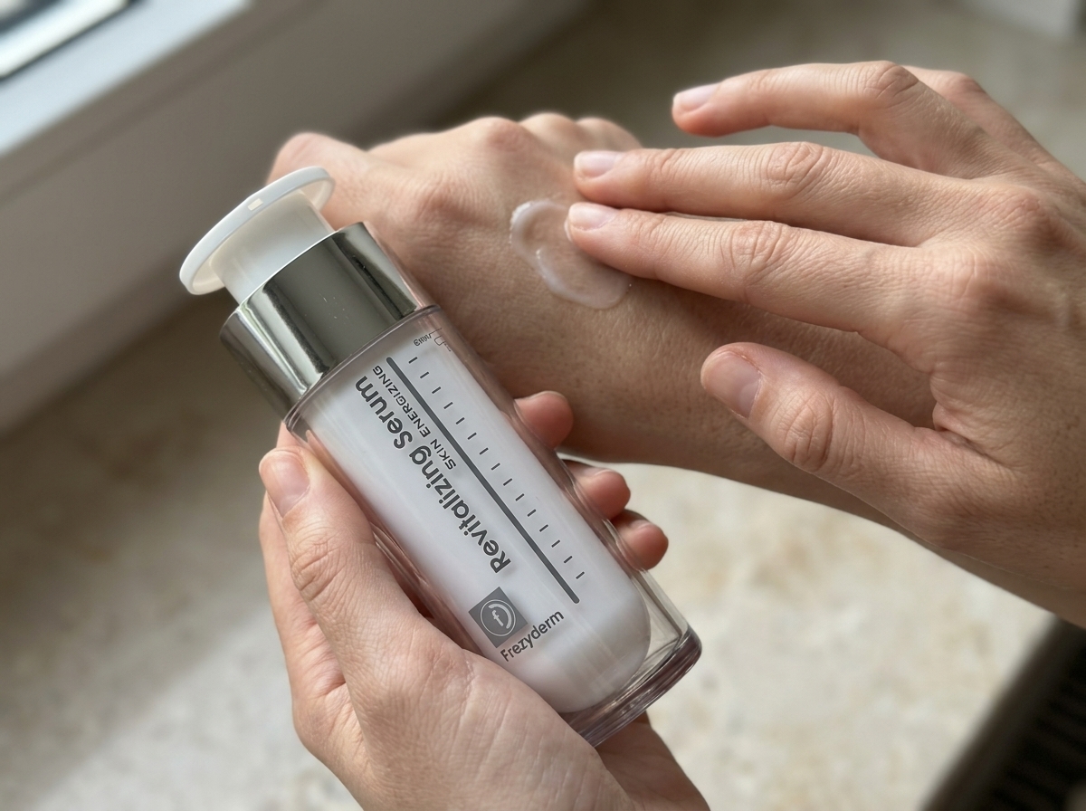 Dorso de la mano con una gota de REVITALIZING SERUM Frezyderm