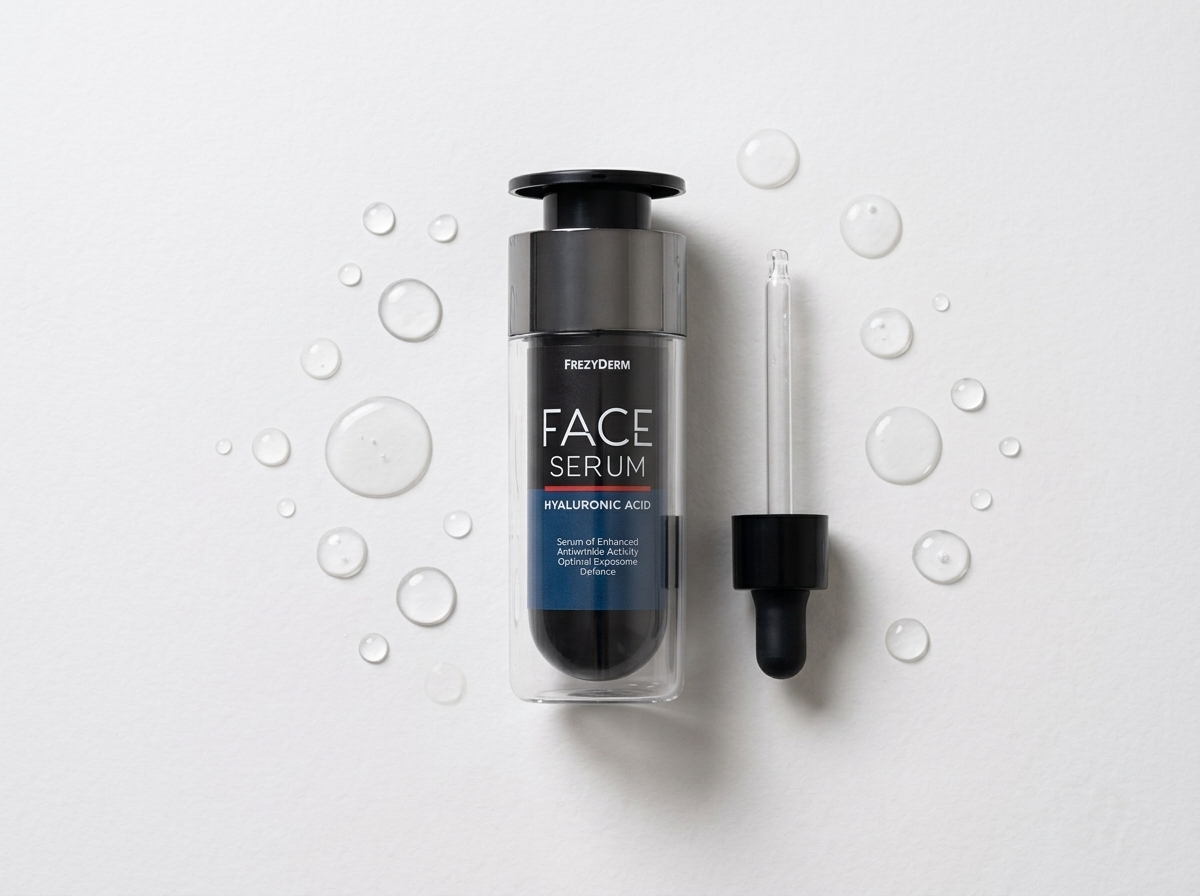 FACE SERUM HYALURONIC ACID 30 ml Frezyderm junto a un gotero de vidrio y gotas de agua