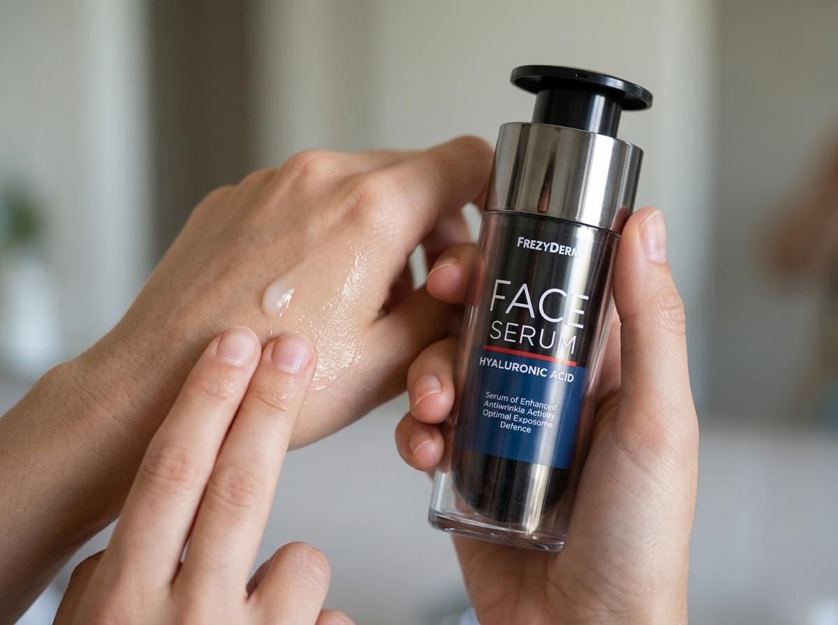 Dorso de la mano con una gota de FACE SERUM HYALURONIC ACID Frezyderm