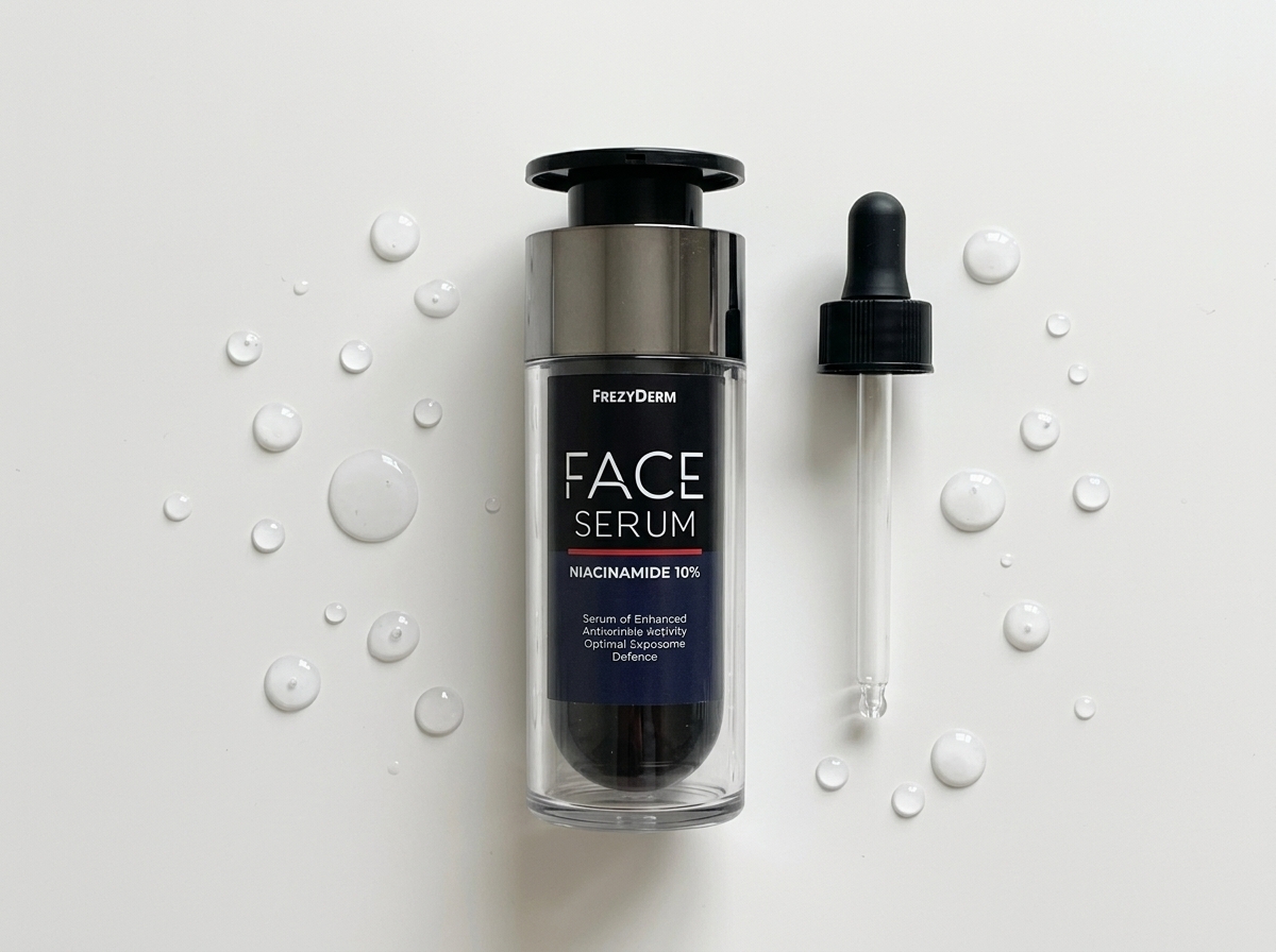 FACE SERUM NIACINAMIDE 10% 30 ml Frezyderm junto a un gotero de vidrio y gotas de agua