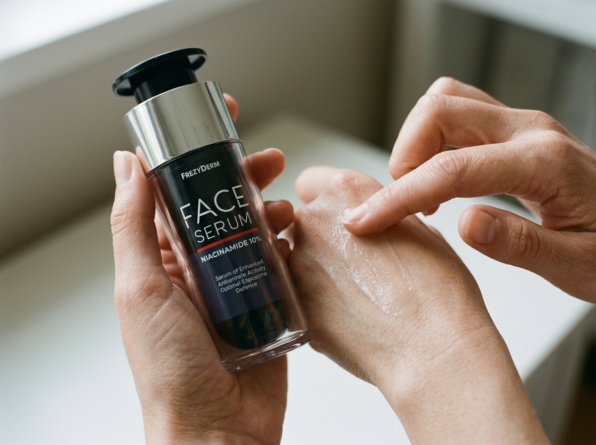 Dorso de la mano con una gota de FACE SERUM NIACINAMIDE 10% Frezyderm