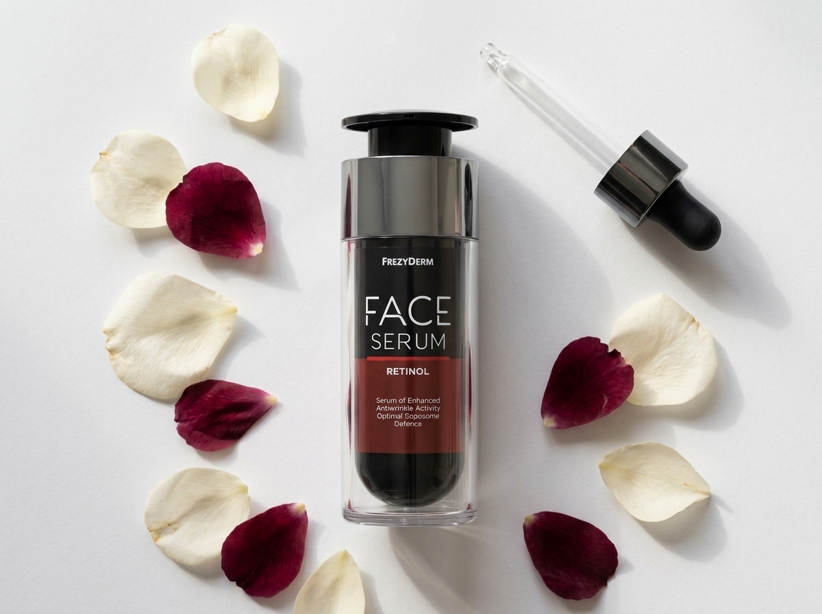 FACE SERUM RETINOL 30 ml Frezyderm junto a un gotero de vidrio y pétalos suaves