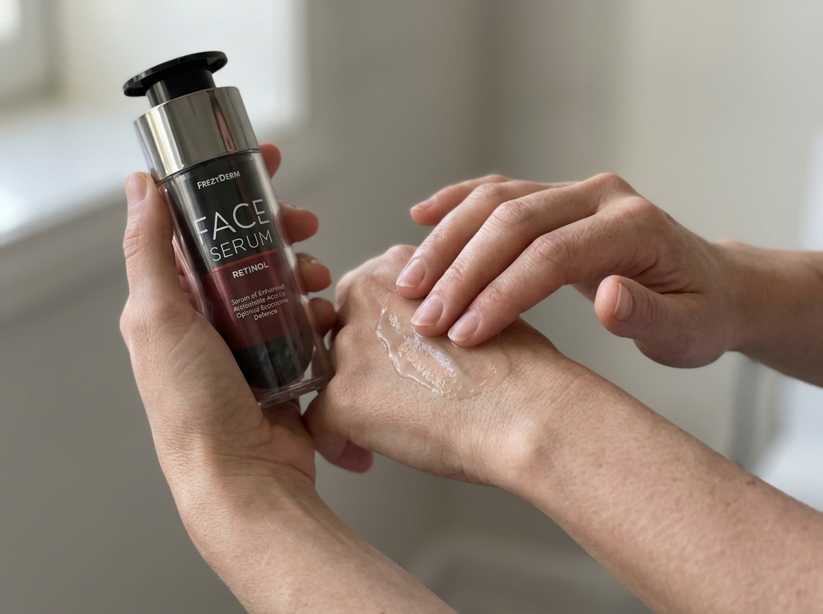 Dorso de la mano con una gota de FACE SERUM RETINOL Frezyderm