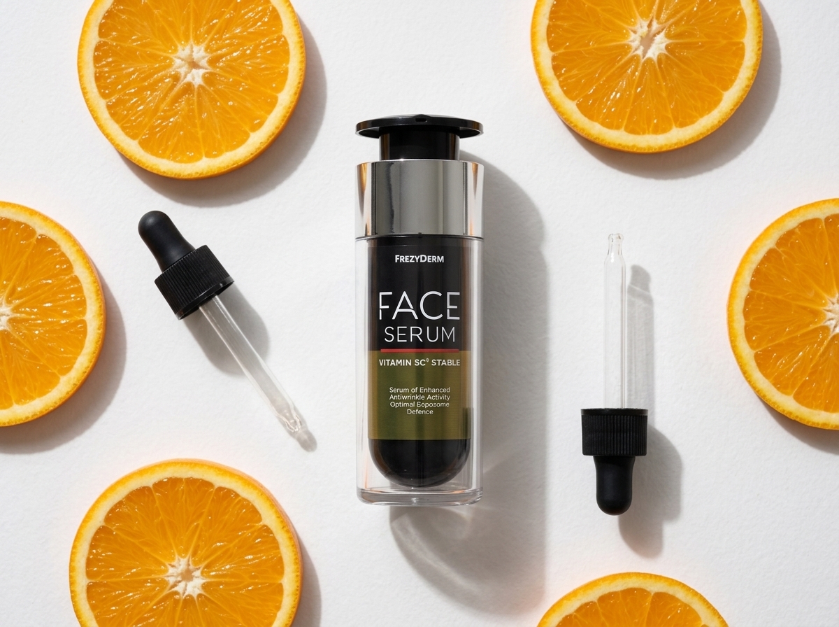 FACE SERUM VITAMIN 5C3 STABLE 30 ml Frezyderm junto a un gotero de vidrio y rodajas de naranja