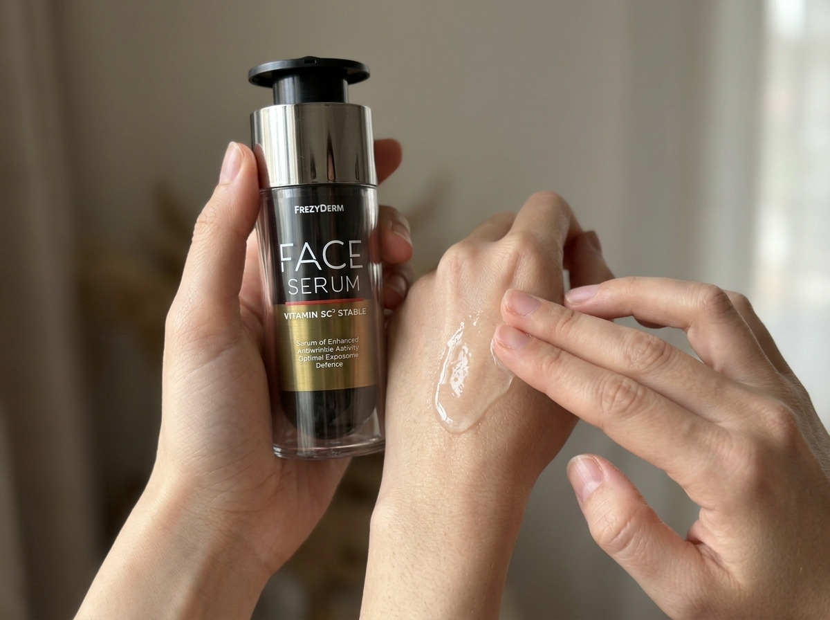 Dorso de la mano con una gota de FACE SERUM VITAMIN 5C3 STABLE Frezyderm