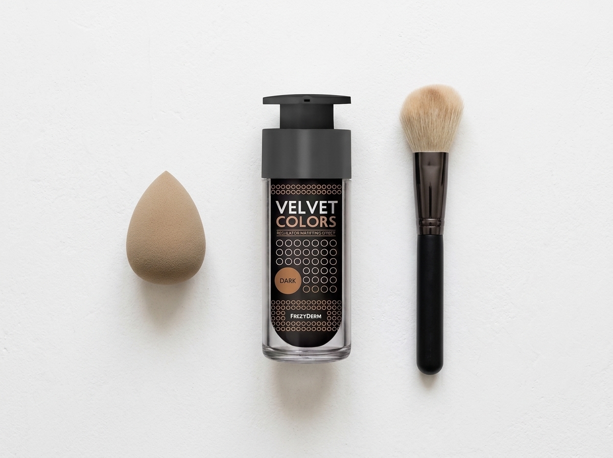 VELVET COLORS DARK 30 ml Frezyderm junto a una esponja de maquillaje y una brocha suave