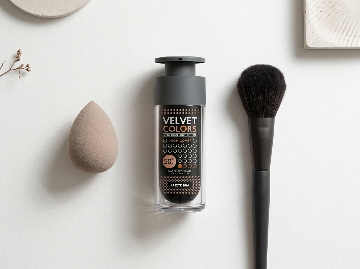 VELVET COLORS HIGH COVER SPF 50+ 30 ml Frezyderm junto a una esponja de maquillaje y una brocha suave